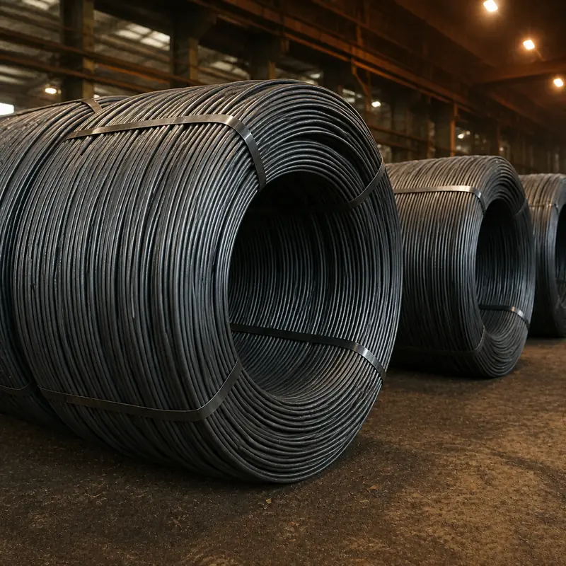 Q235 low-carbon steel wire rod coils in a dedicated raw-material area