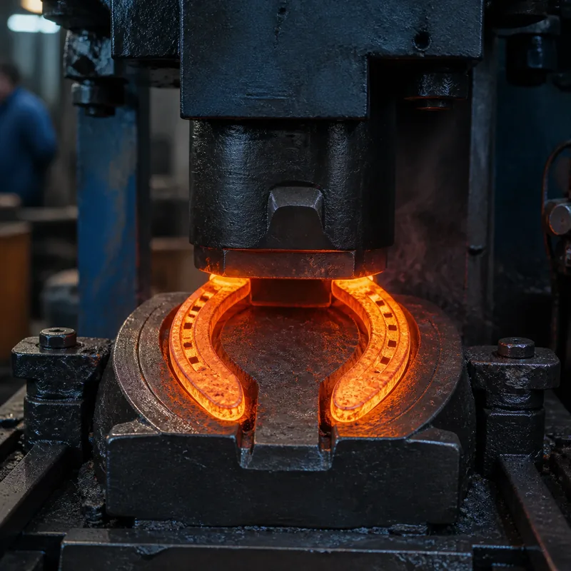 Closed-die forging press forming an open U-shaped horseshoe with groove and nail holes