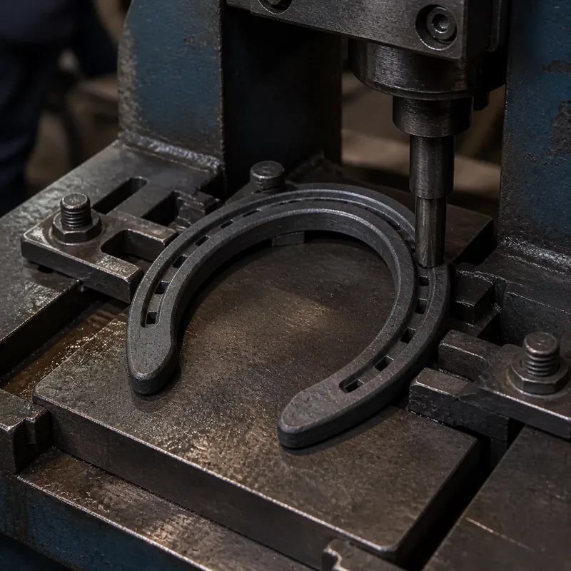 U-shaped forged steel horseshoe clamped for nail-hole punching and correction