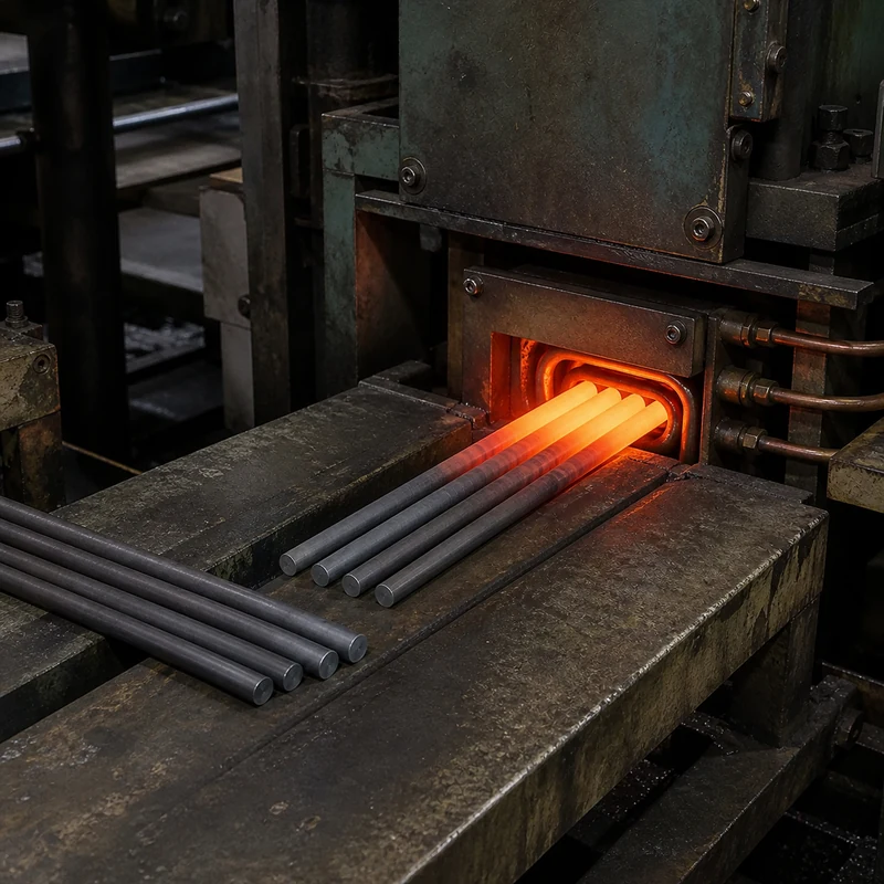 Approximately 20 mm Q235 steel wire-rod segments at a dedicated heating station