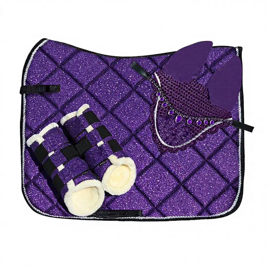 Purple Glitter Equestrian Saddle Pad Set Quilted Horse Riding Cloth with Stirrup Pads Decorative Bridle Cover