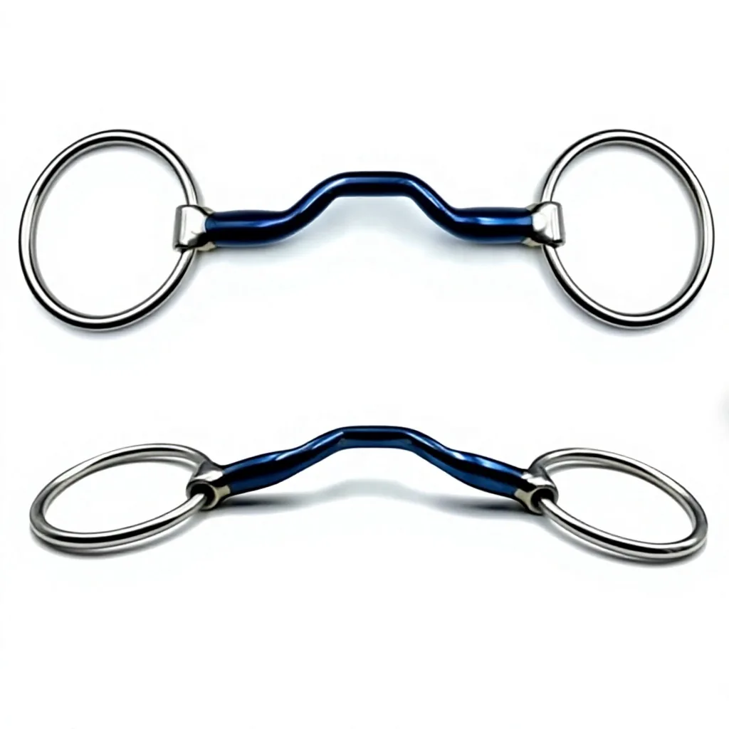 Equestrian Blue Muzzle Snaffle Bit Loose Ring Stainless Steel Low Port — RJ-0520, product image 2