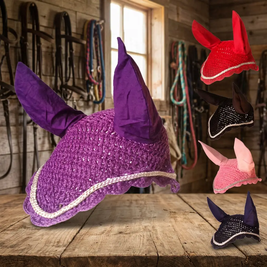 Horse Fly Ear Bonnet Net for Full Cob Purple Pink Black Navy Red Mesh Anti-fly Protection — RJ-0121, product image 3