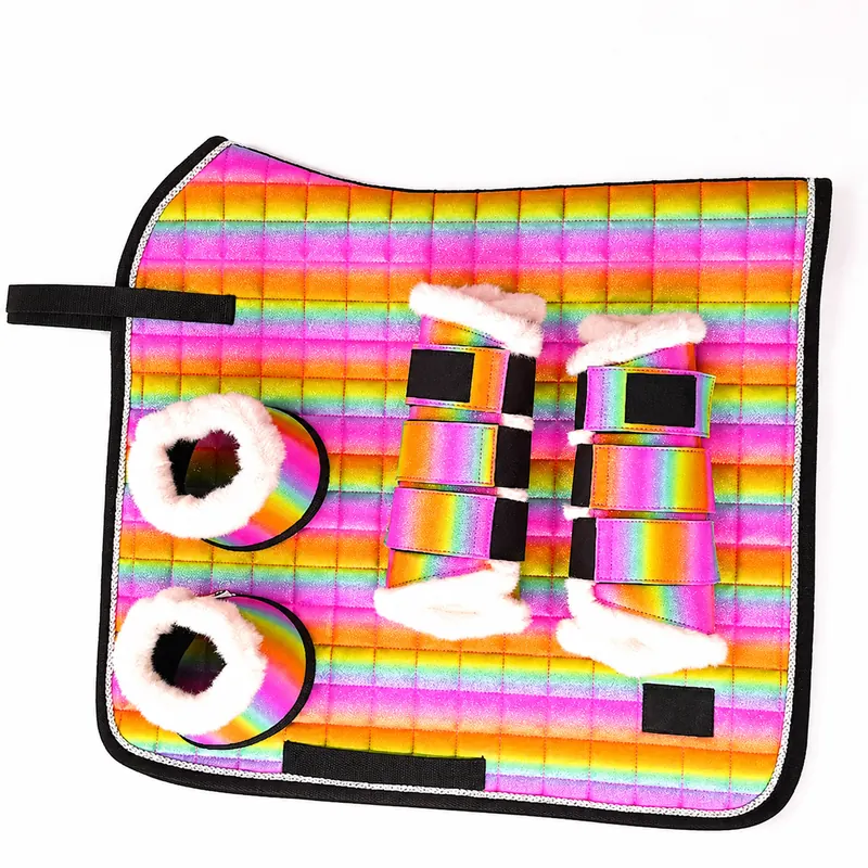 Glitter Rainbow Equestrian Saddle Pad Set Cotton Polyester Horse Riding Dressage Jumping with Stirrup Boots