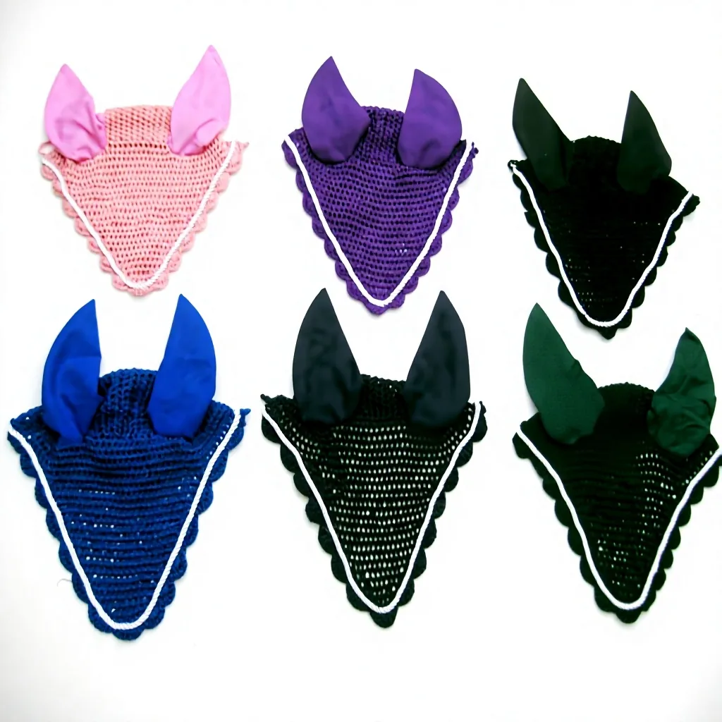 Breathable Cotton Horse Fly Veil Ear Bonnet Crochet Cap Noise Muffling Equestrian Riding Gear