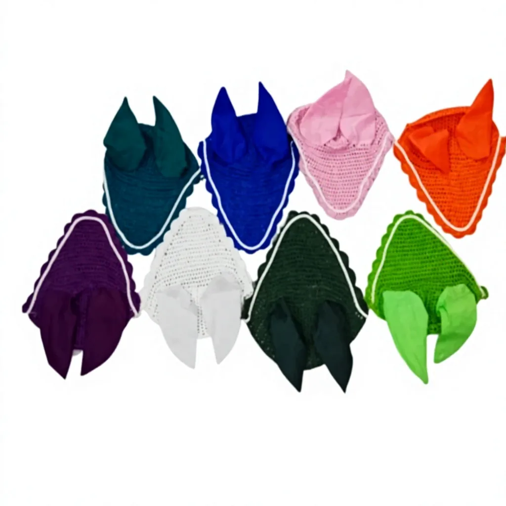 Breathable Cotton Horse Fly Veil Ear Bonnet Crochet Cap Noise Muffling Equestrian Riding Gear — RJ-04678, product image 6