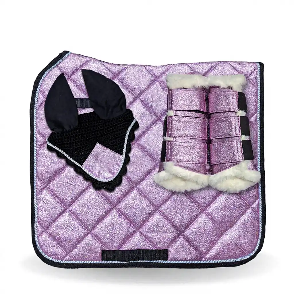 Custom Dressage Pink Glitter Western Horse Saddle Pad Set Quilted Equestrian with Adjustable Fly Veil and Leg Wraps