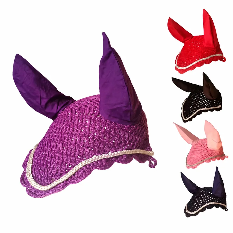 Horse Fly Ear Bonnet Net for Full Cob Purple Pink Black Navy Red Mesh Anti-fly Protection