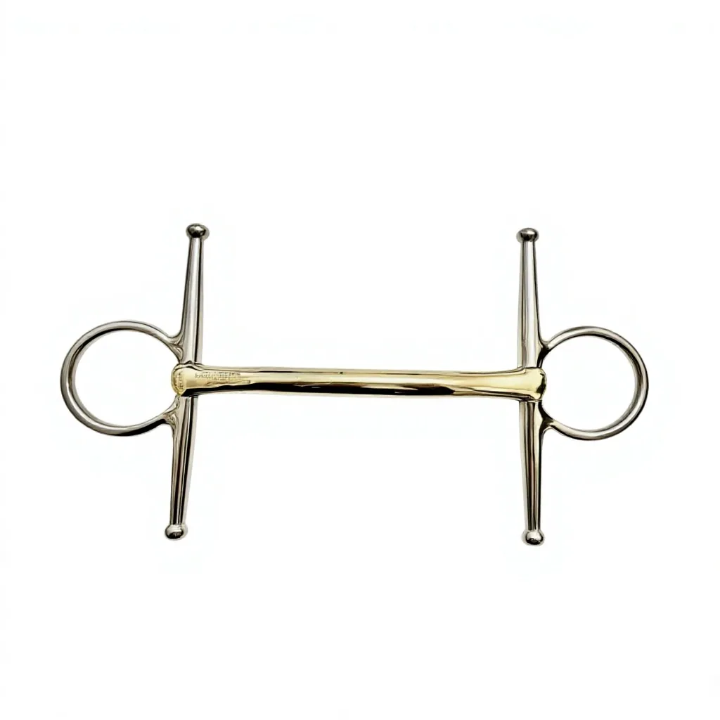 German Silver Full Cheek Mullen Mouth Horse Bit with Gold Straight Bar and Loose Ring