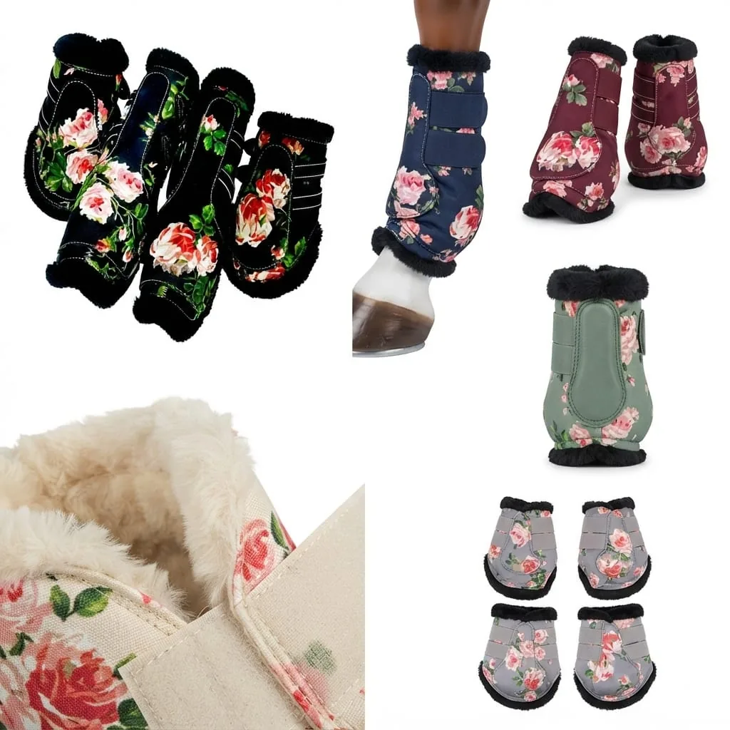 Floral Horse Bell and Tendon Boots with Soft Lining and Adjustable Hoof Protection