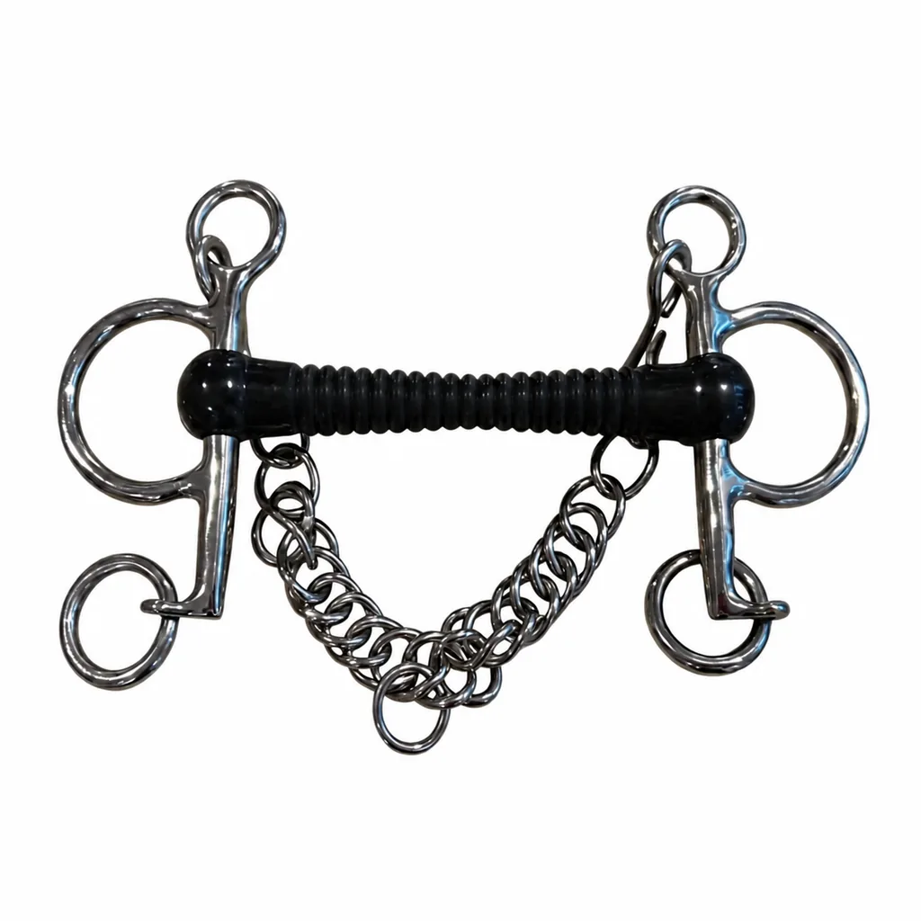 Ribbed Flexi Rubber Mouth Pelham Horse Bit with Full Cheek D-Ring in Steel