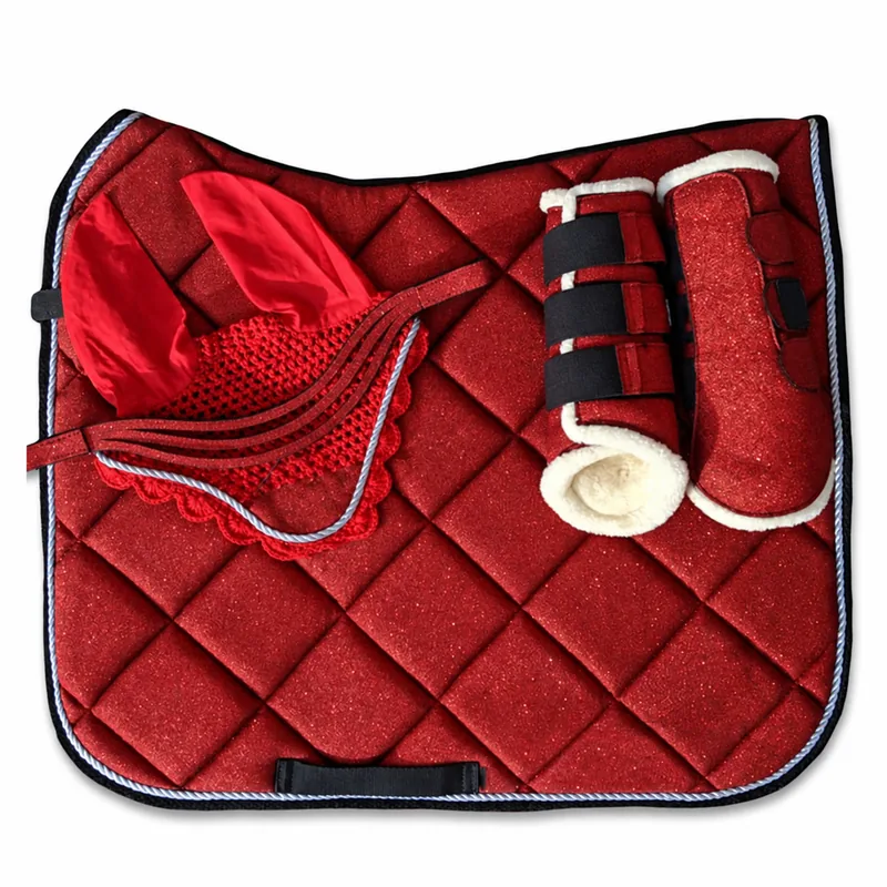 Red Glitter Quilted Horse Saddle Pad Set with Matching Accessories