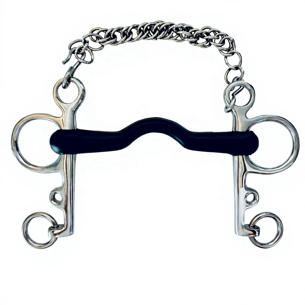 Stainless Steel Horse Pelham Bit with Rubber Mouth and Curb Chain