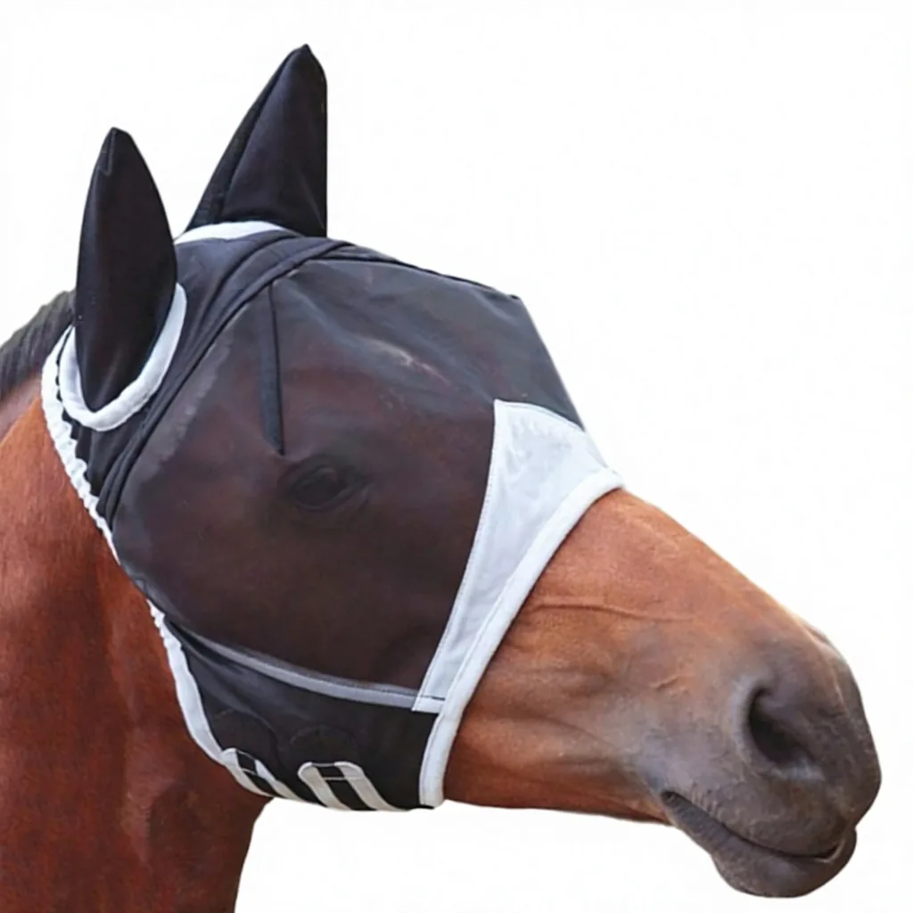 Equestrian Horse Fly Mask Breathable Mesh Full Face Ear Coverage UV Protection Adjustable Anti Mosquito