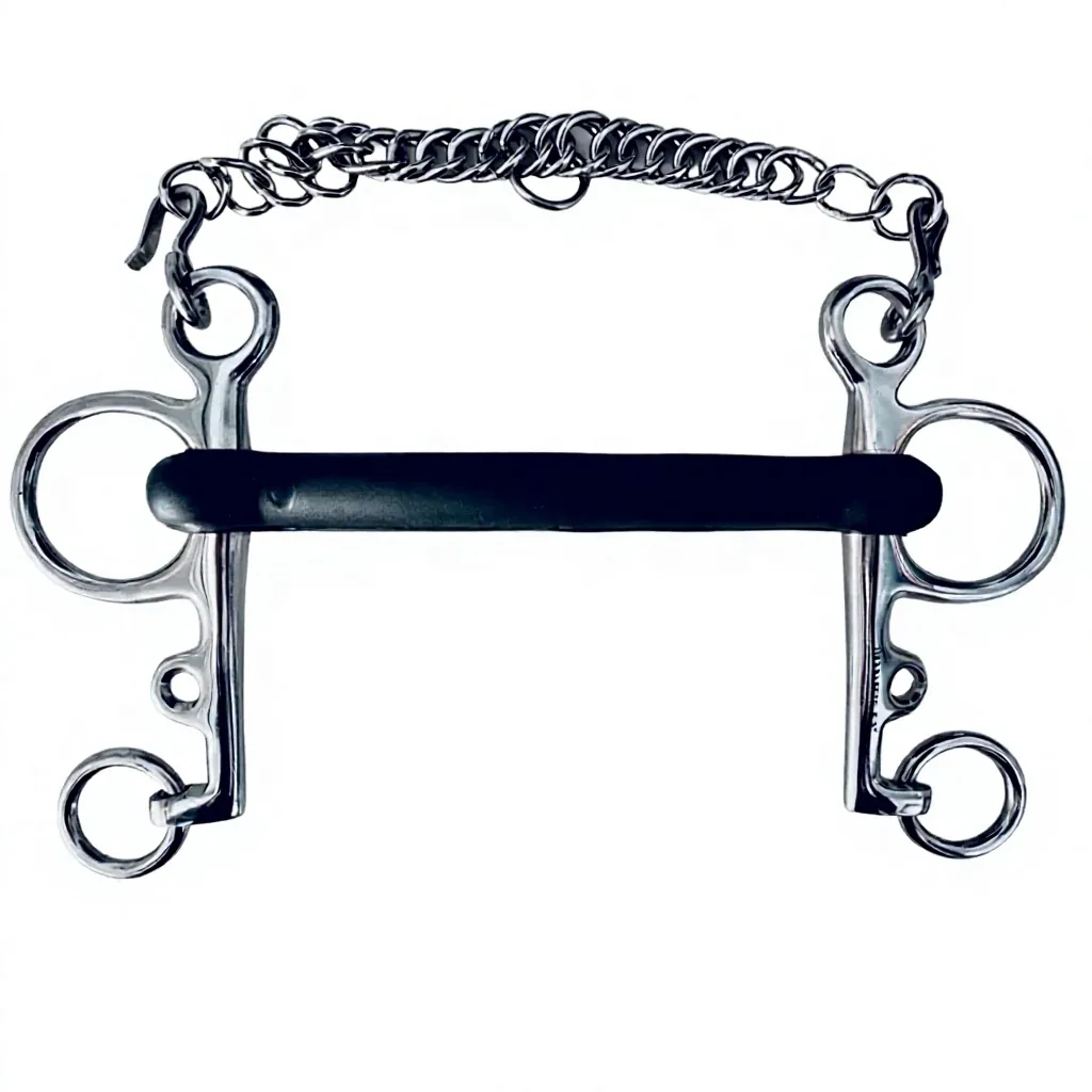 Stainless Steel Horse Pelham Bit with Rubber Mouth and Curb Chain — rj-0538, product image 2