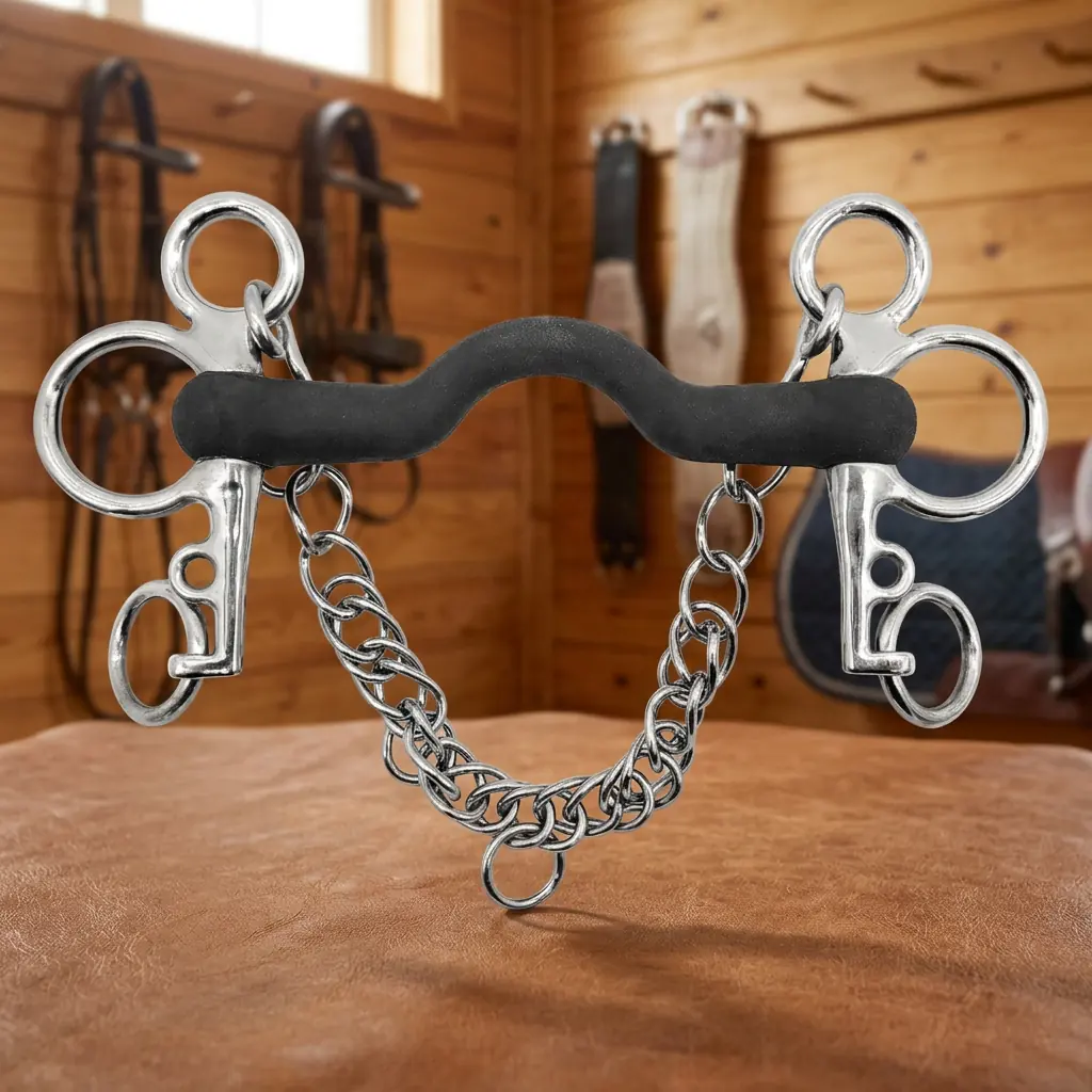 Stainless Steel Horse Pelham Bit with Rubber Mouth and Curb Chain — rj-0538, product image 3