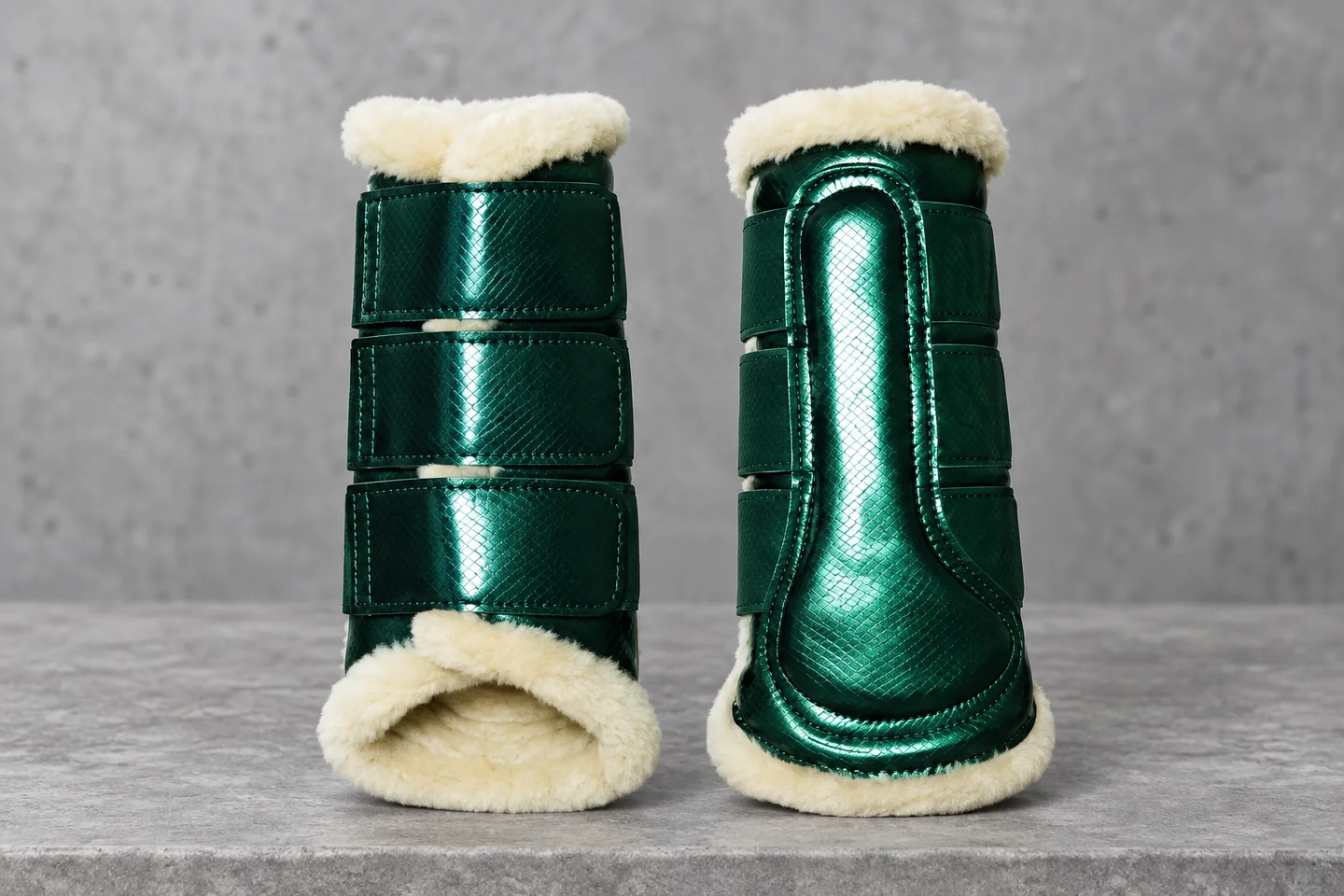 A pair of green horse leg boots showing the outer panel and three-strap closure