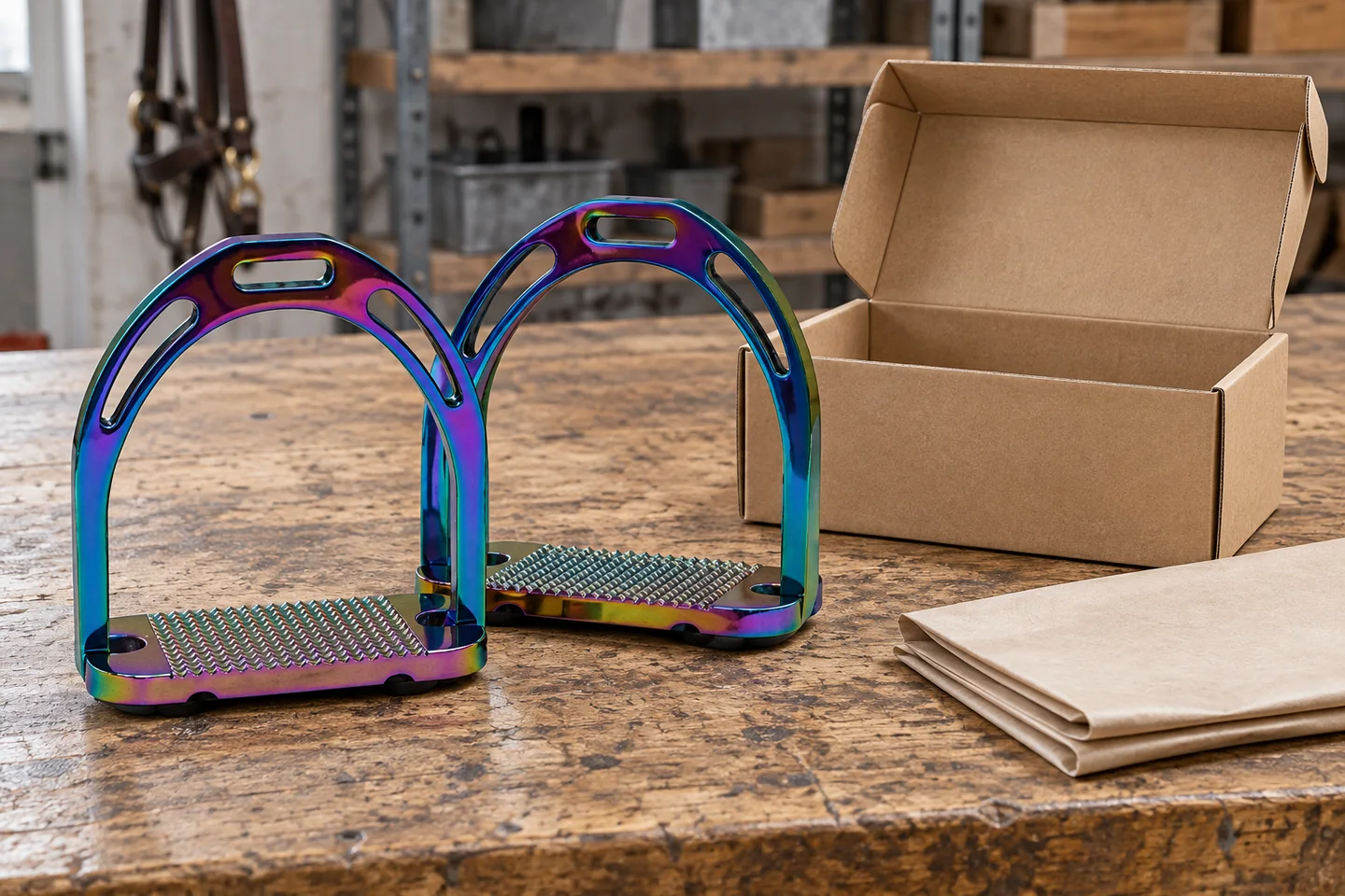 Rainbow stirrup pair beside an open plain kraft box and packing paper