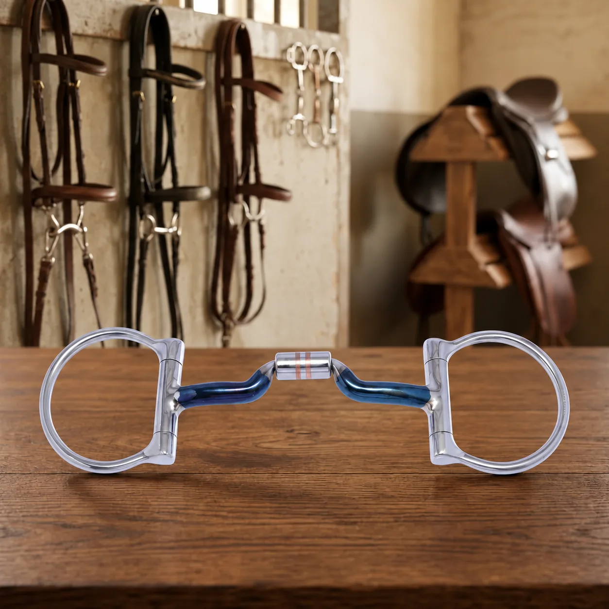 Stainless Steel D-Ring Horse Snaffle Bit with Blue Sweet Iron Mouthpiece — RJ-05029, product image 2