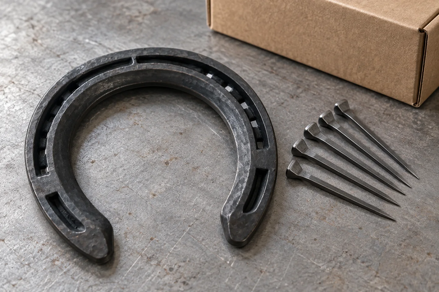 Steel horseshoe and separate horseshoe nails beside a plain packing box on a workbench