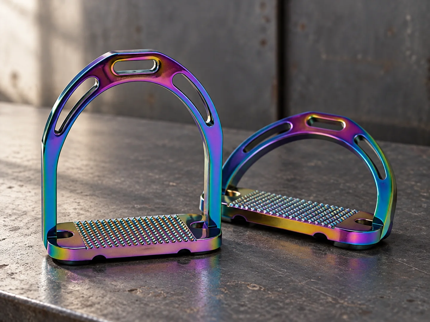 Rainbow-finish metal riding stirrups with broad textured treads on a sample bench