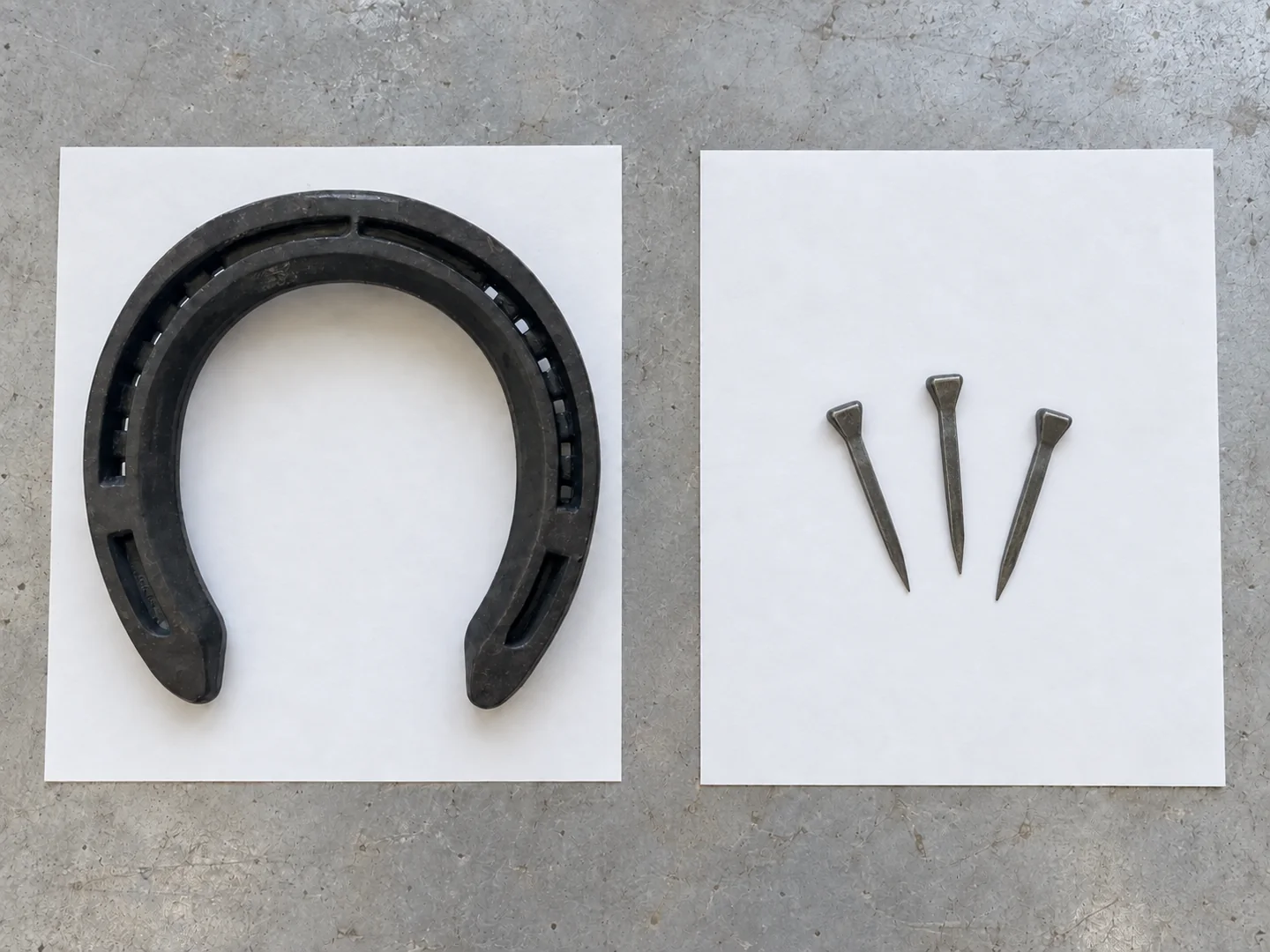 A horseshoe and nail samples kept separately on two plain reference sheets