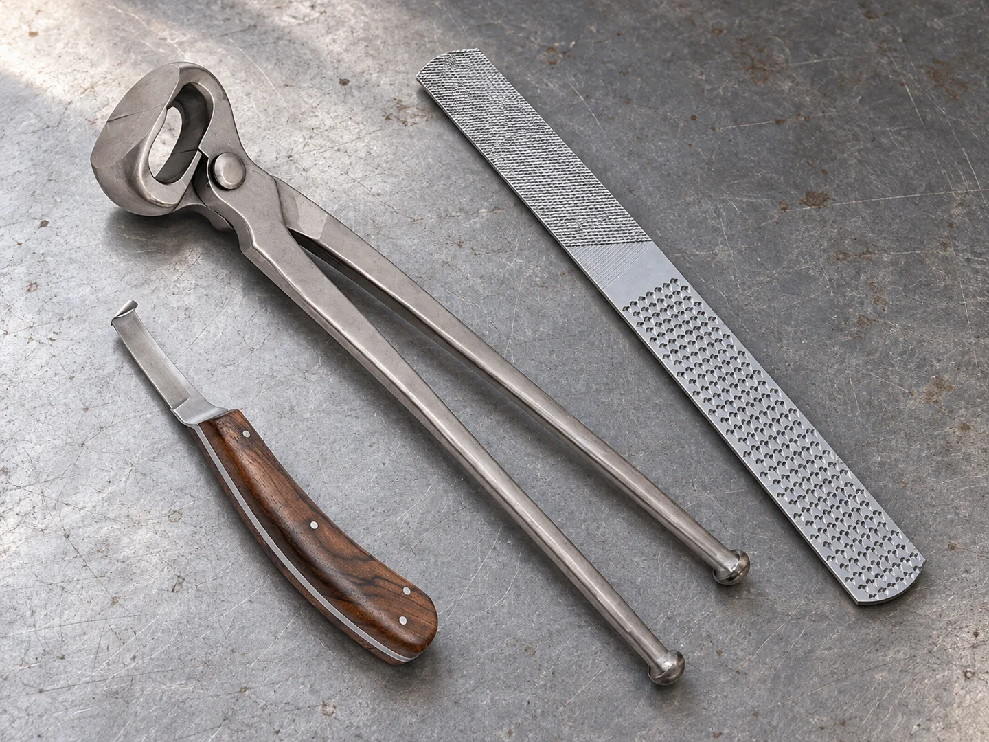 Shoe pull-off tool, wooden-handled hoof knife and flat hoof rasp on a sample bench