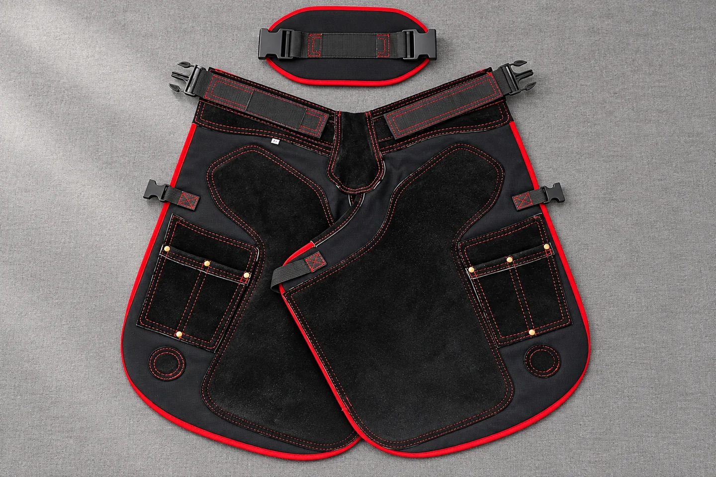 A black farrier apron with red edging, shaped leg panels, pockets and waist pad