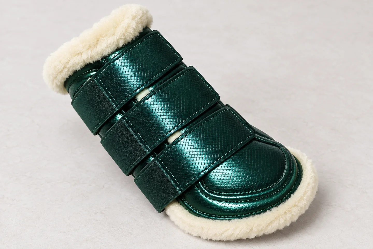 Close view of a green leg boot closure and visible plush edge