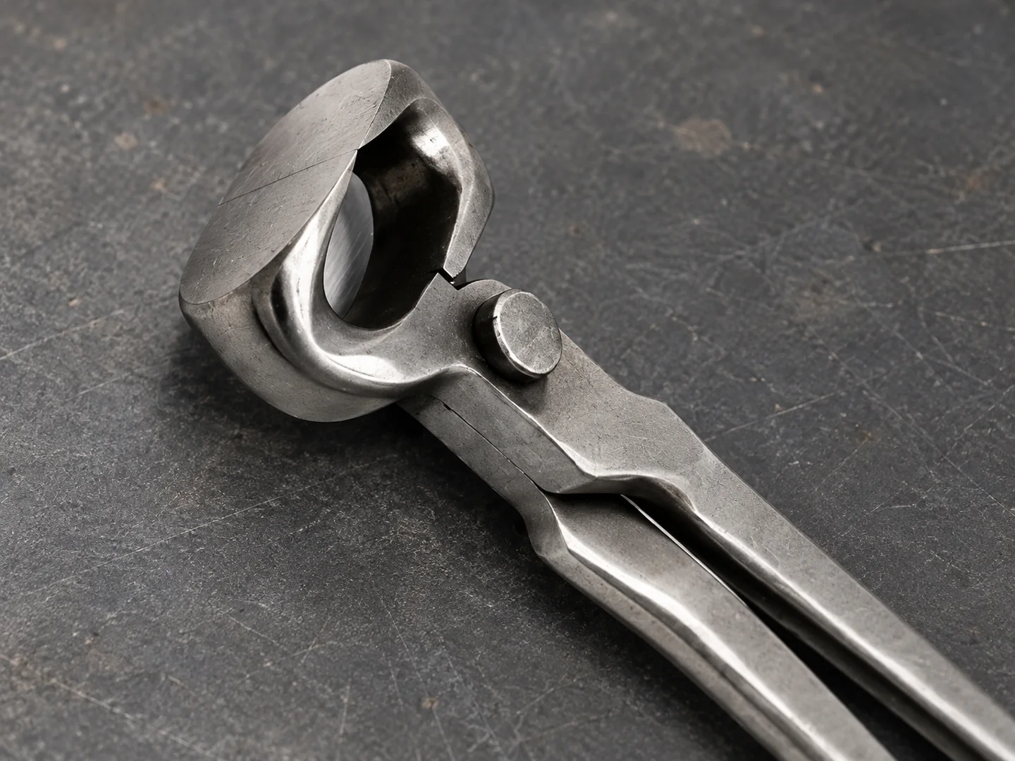 Close view of the hoof nipper cutting jaws and circular pivot