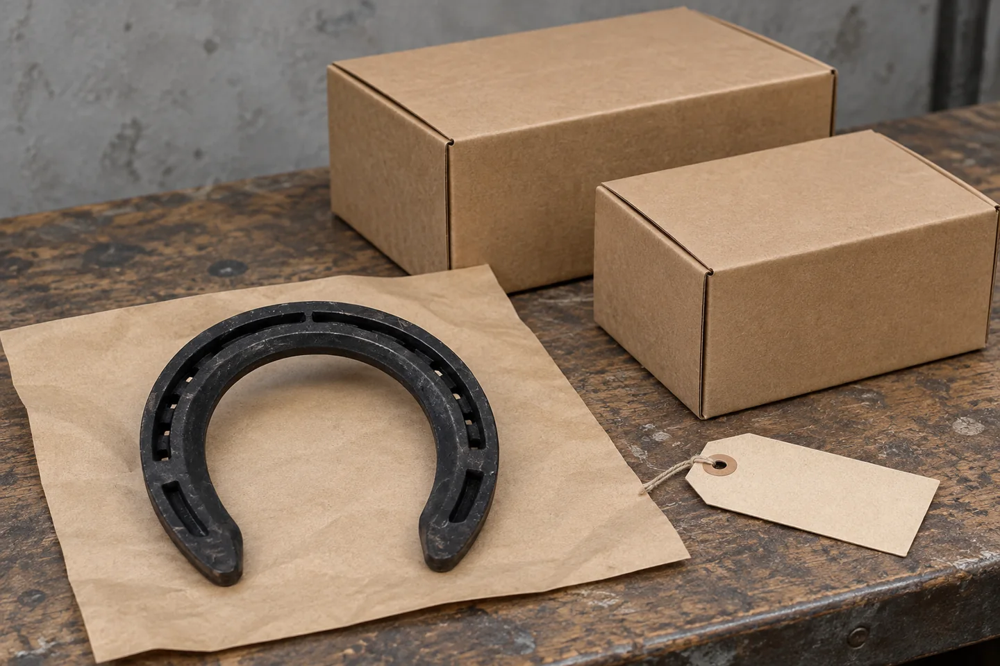 Black horseshoe with blank cartons and a plain tag on a packing bench