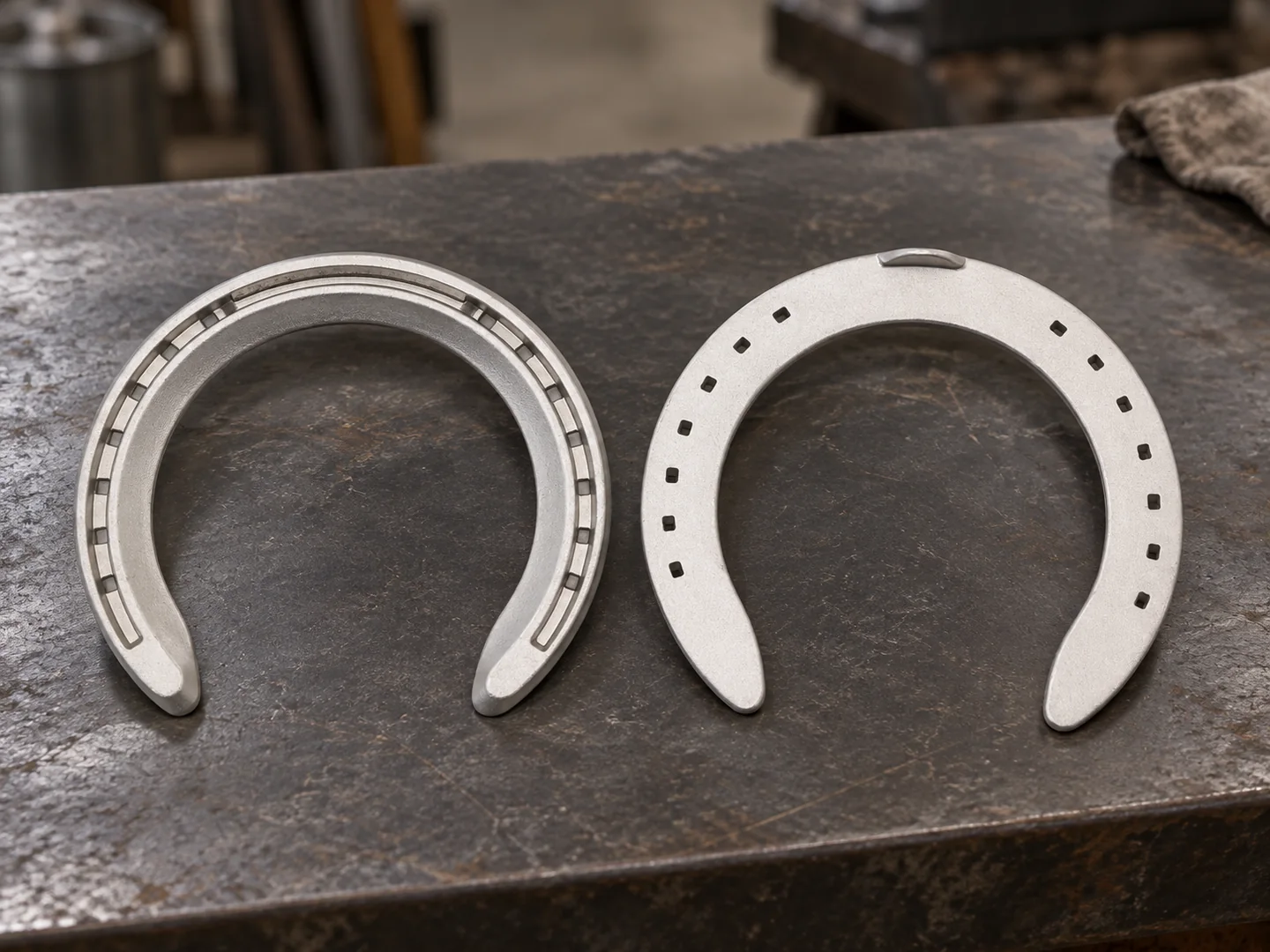 Two silver aluminum horseshoes displaying opposite faces on an industrial tabletop