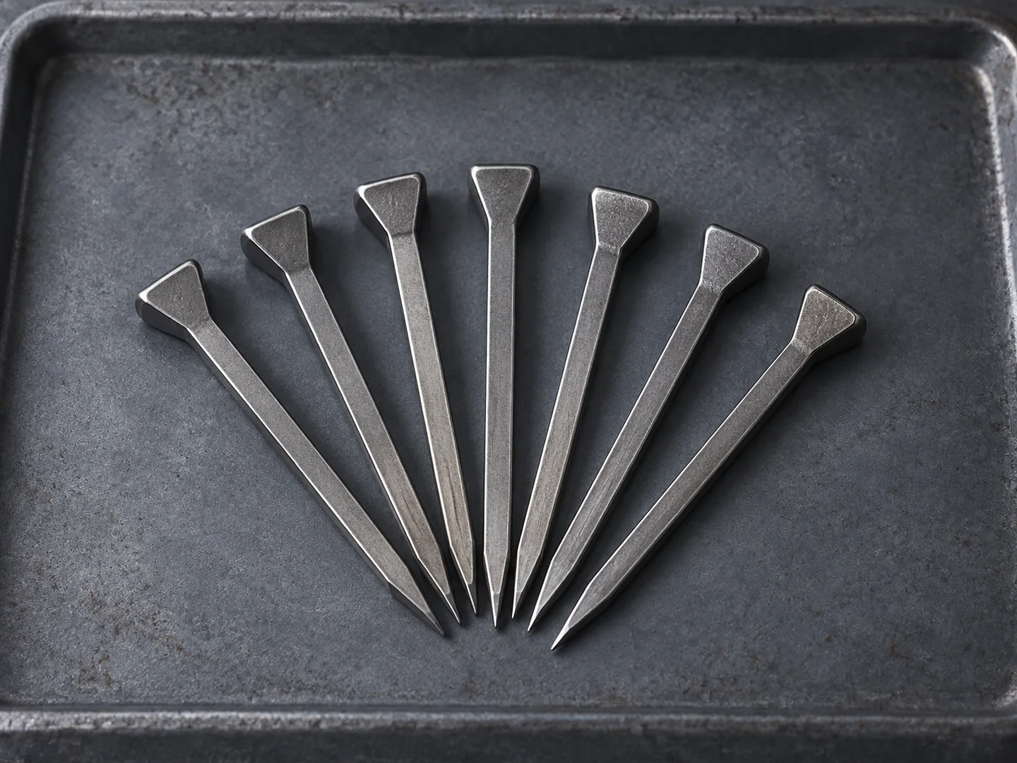 Flat-shank steel horseshoe nails arranged in a sample tray