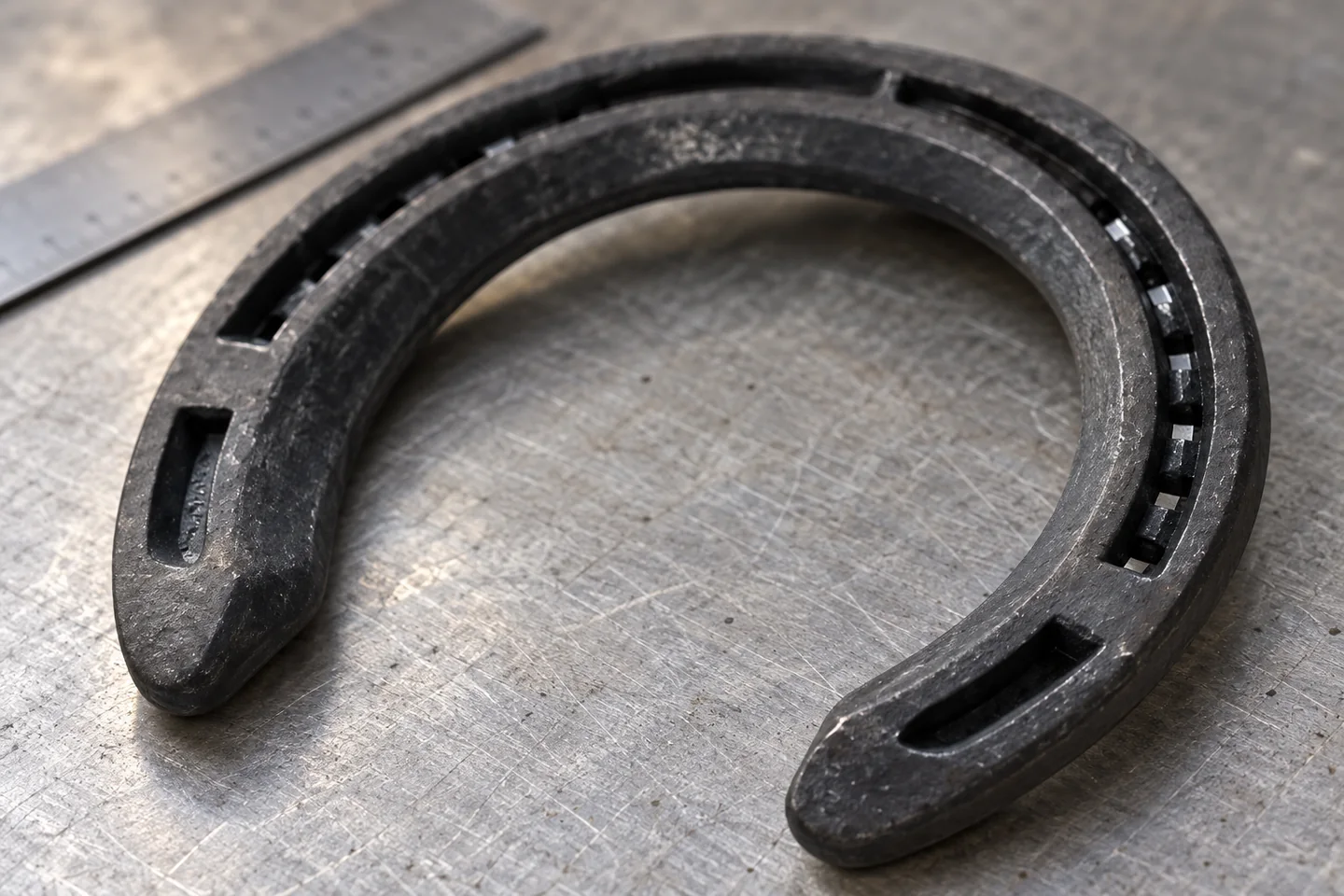 Forged steel horseshoe showing heel ends and nail channel