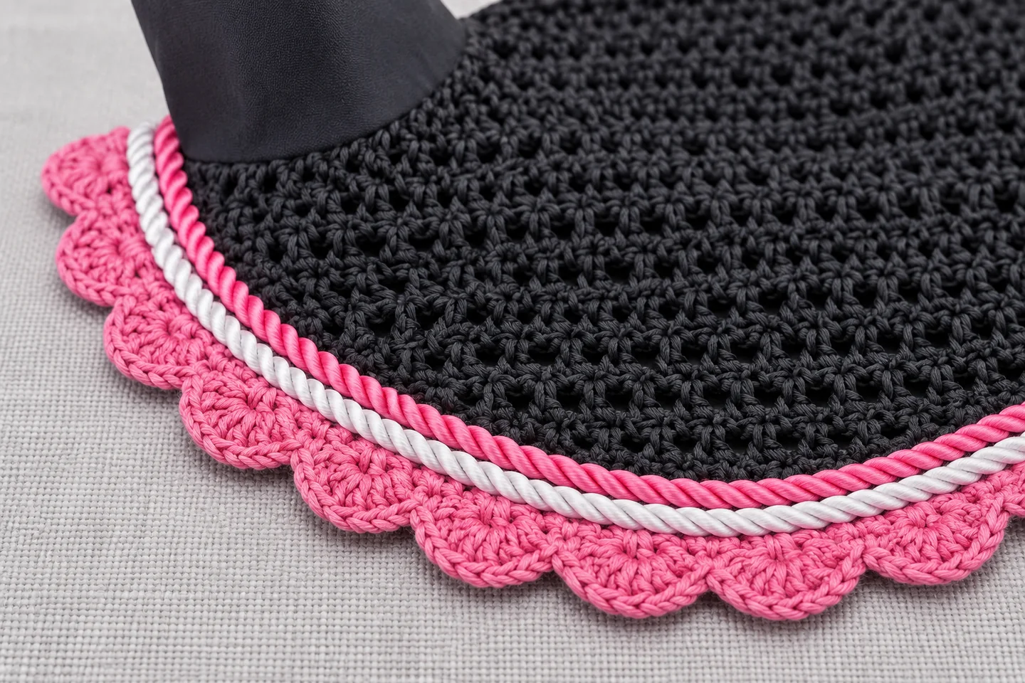 Detail of black crochet with pink scalloped edging and contrasting cord trim