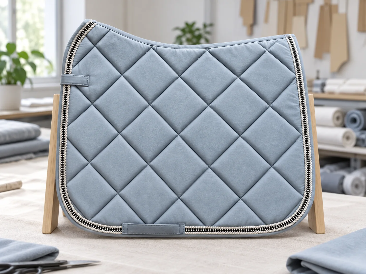 Blue-grey diamond-quilted saddle pad with bound edges and decorative piping