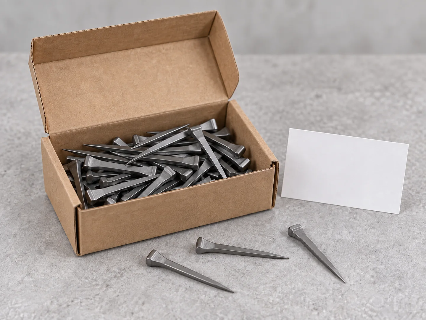 Horseshoe nails beside an open plain carton and blank label card