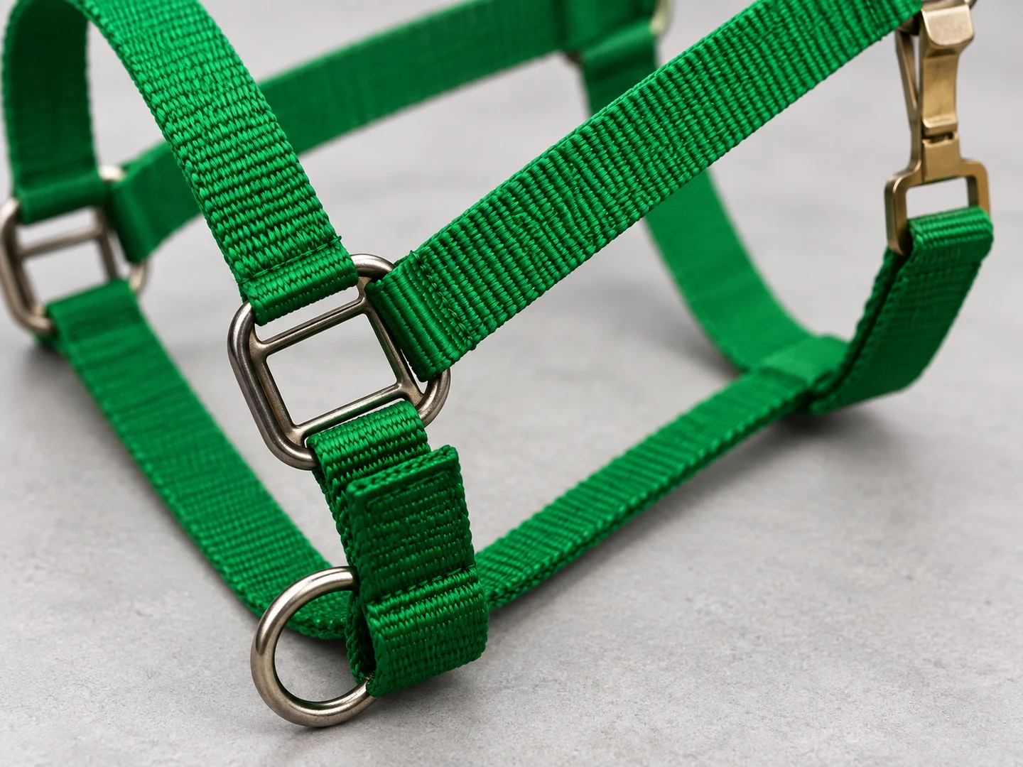 Green woven halter strap and its connection to metal hardware