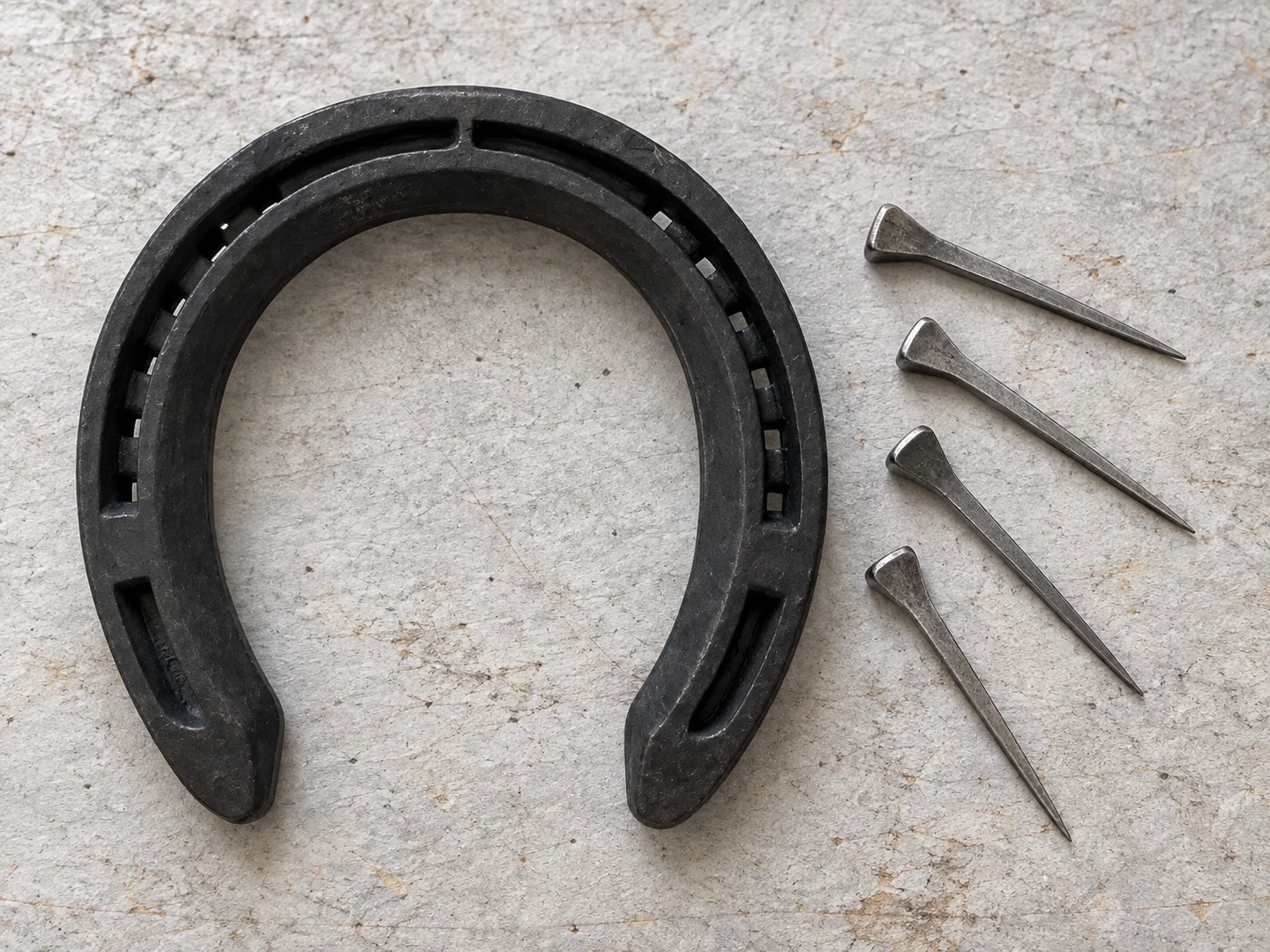 Dark horseshoe and separate flat horseshoe nails on a sample bench