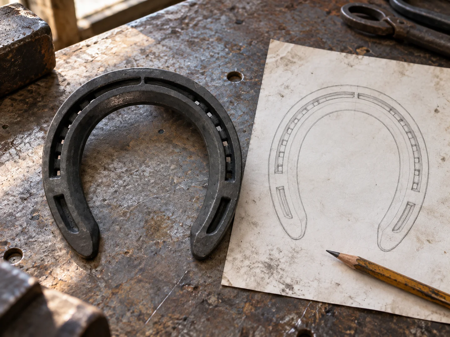 Steel horseshoe beside an outline drawing on a sample-development bench