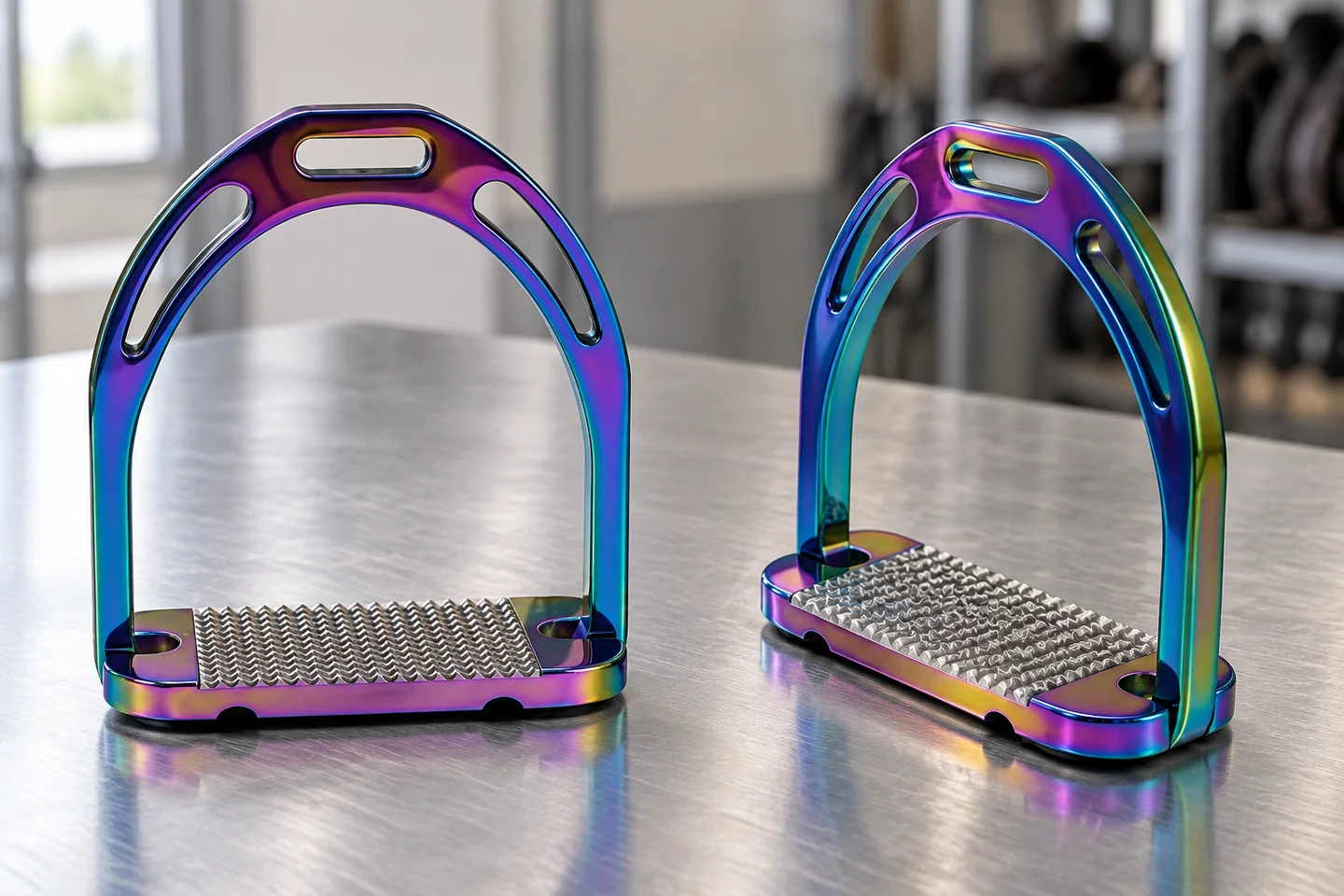 Two rainbow-finish closed riding stirrups showing the top slots, side openings and treads