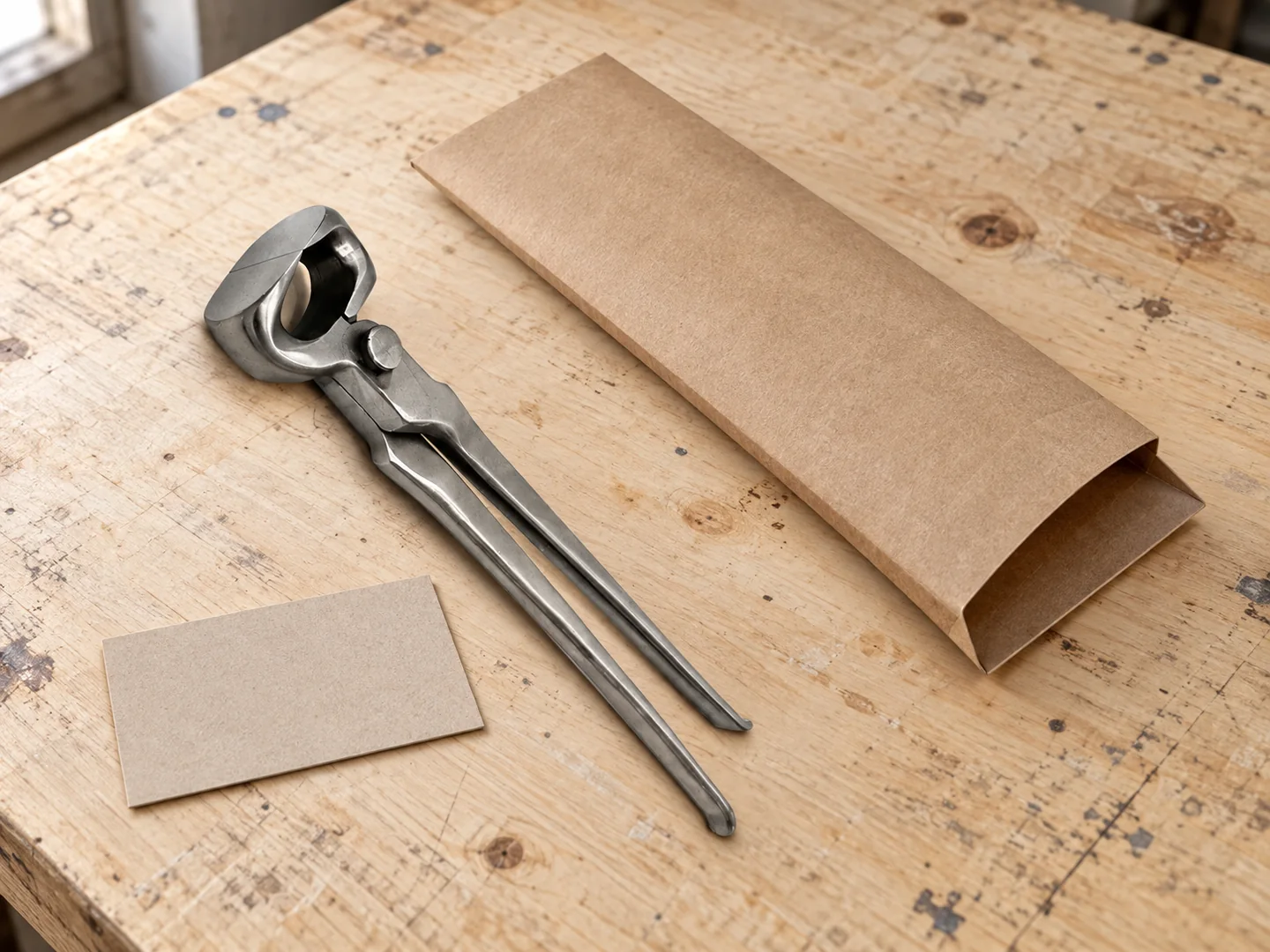 Hoof nipper beside a plain kraft sleeve and blank identification card