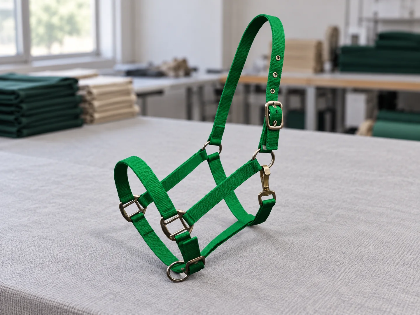 Green webbing horse halter with adjustable crown strap and metal hardware