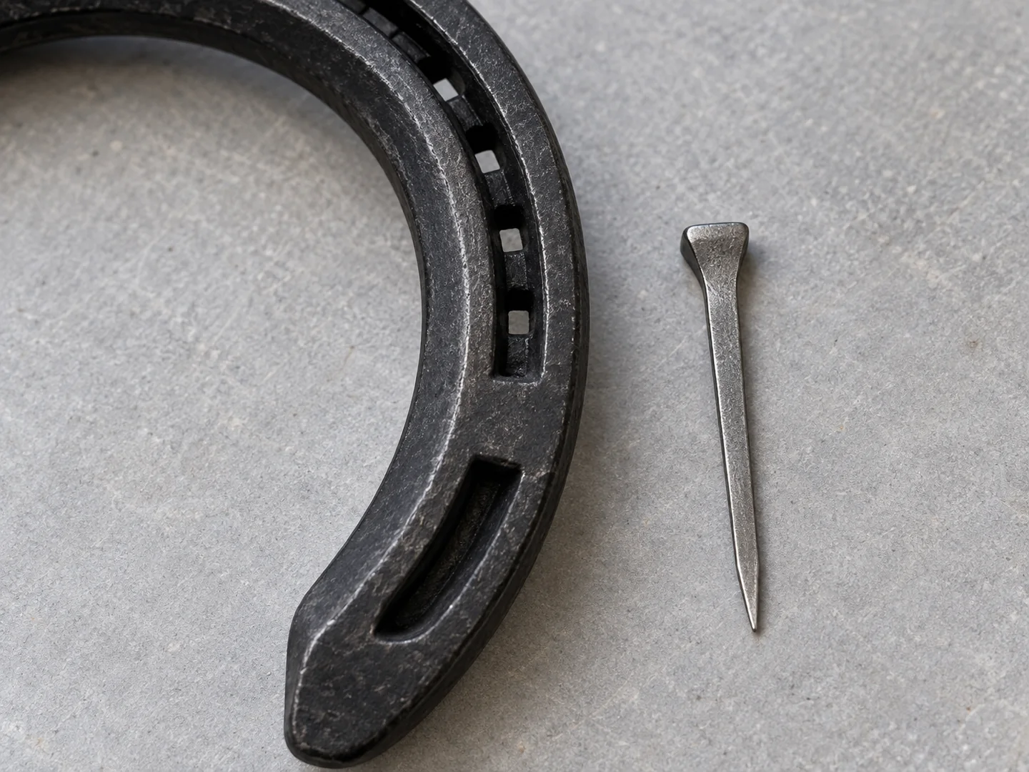 Horseshoe groove and nail holes with a separate nail lying beside the shoe