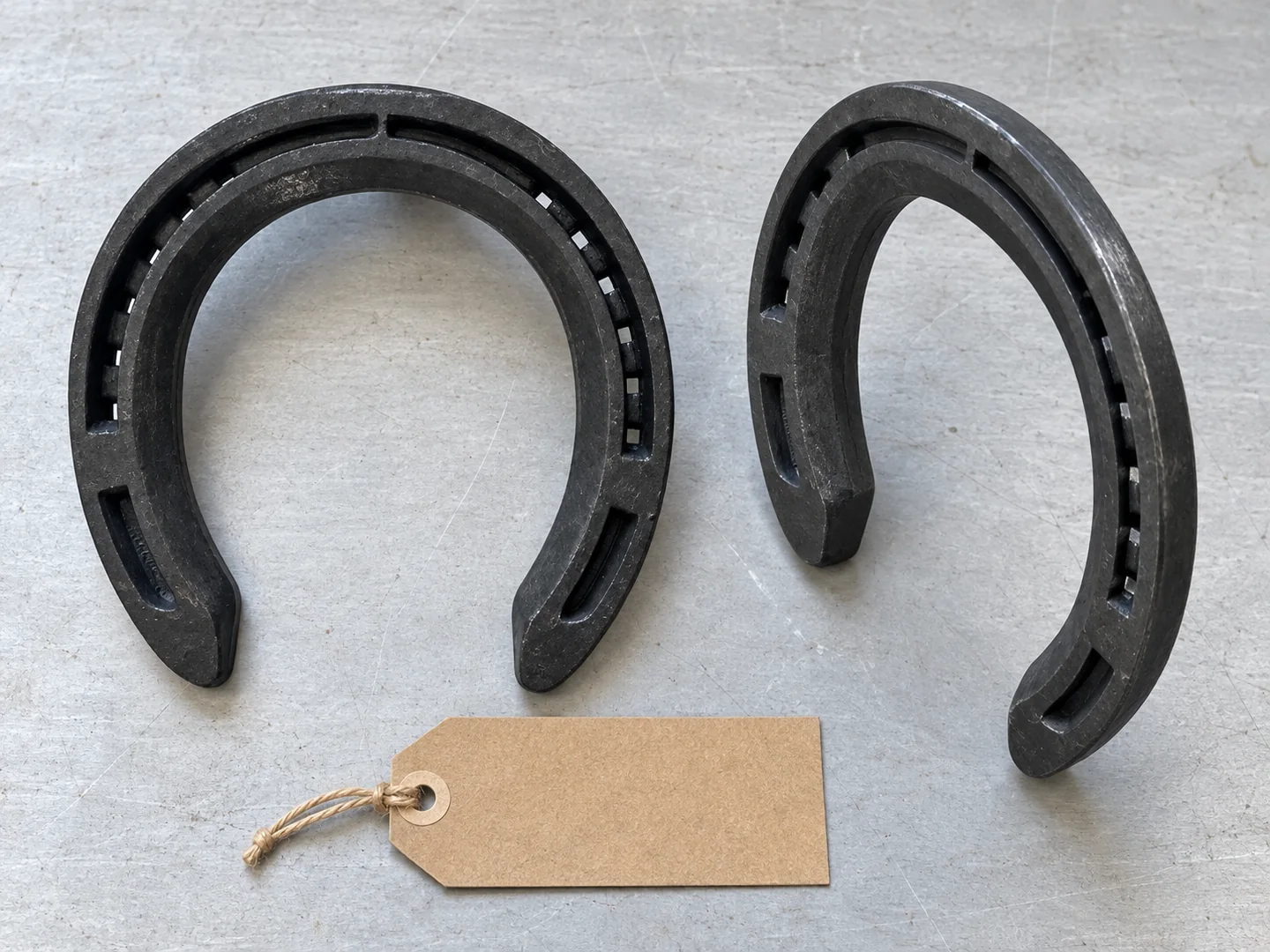 Two black steel horseshoe samples with a plain sample tag on a metal table