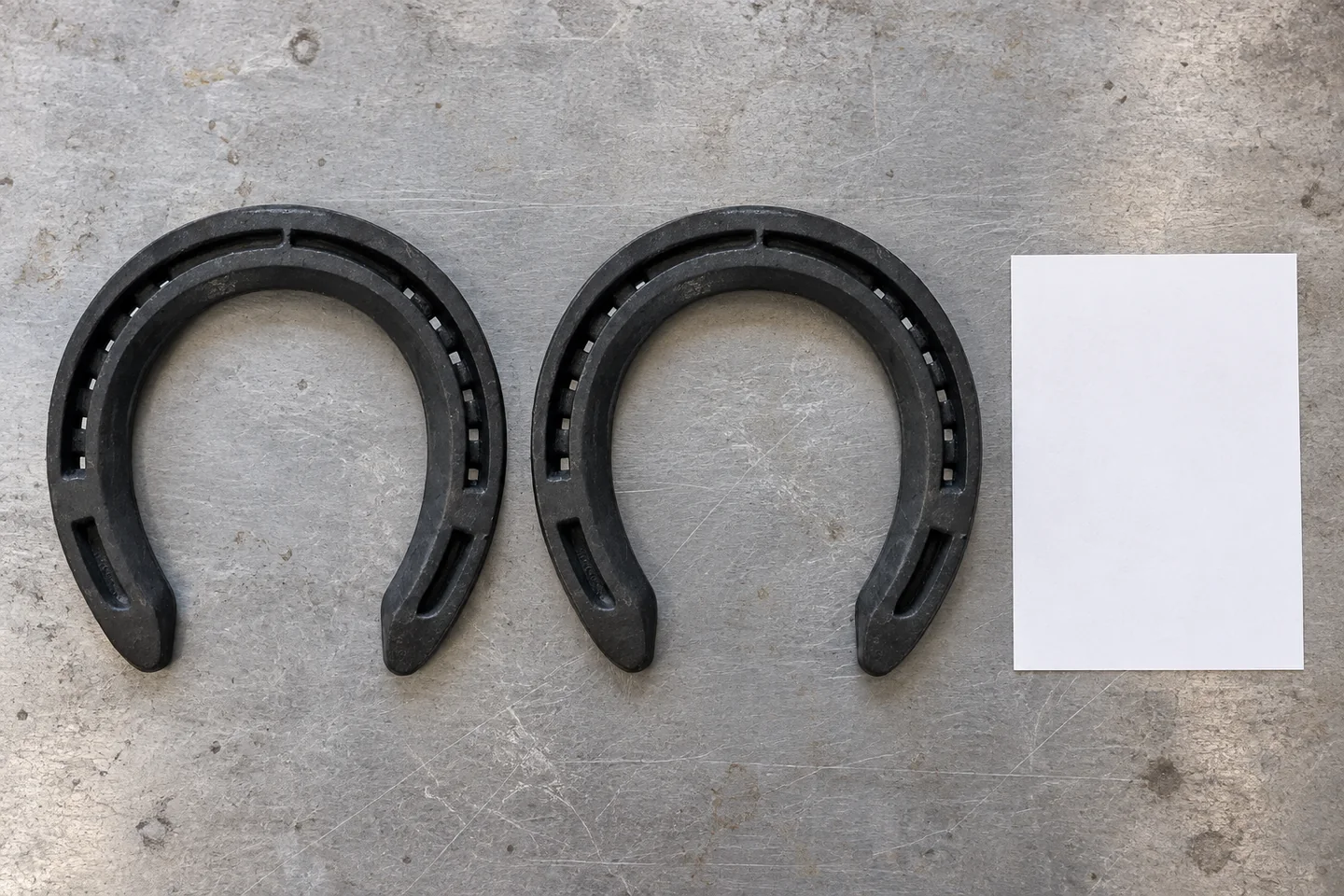 Two black horseshoe samples beside a blank reference card on a metal table