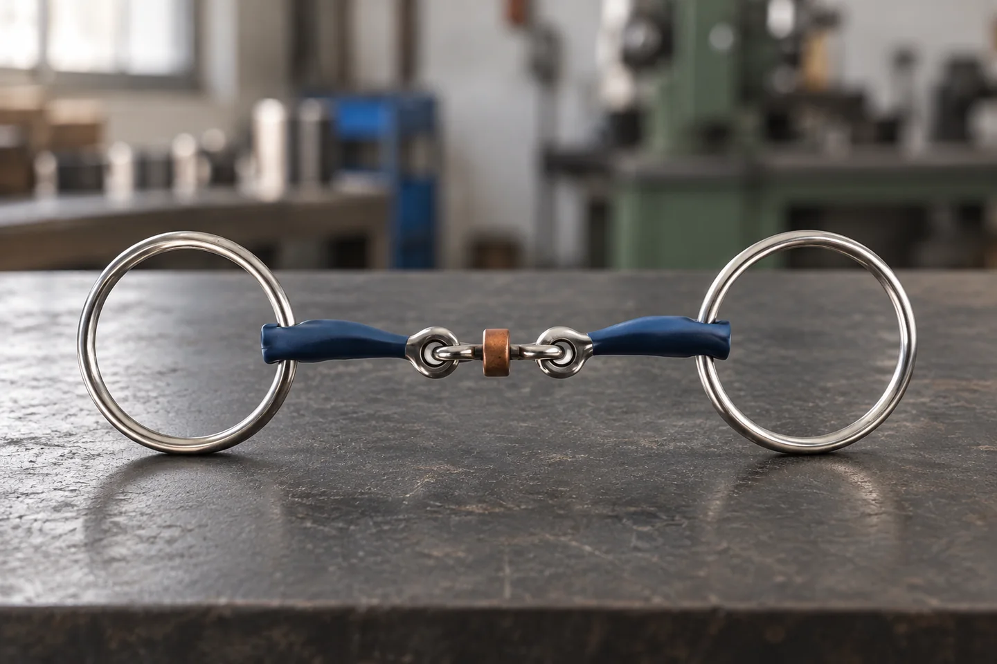Blue mouthpiece loose-ring horse bit with central link and roller