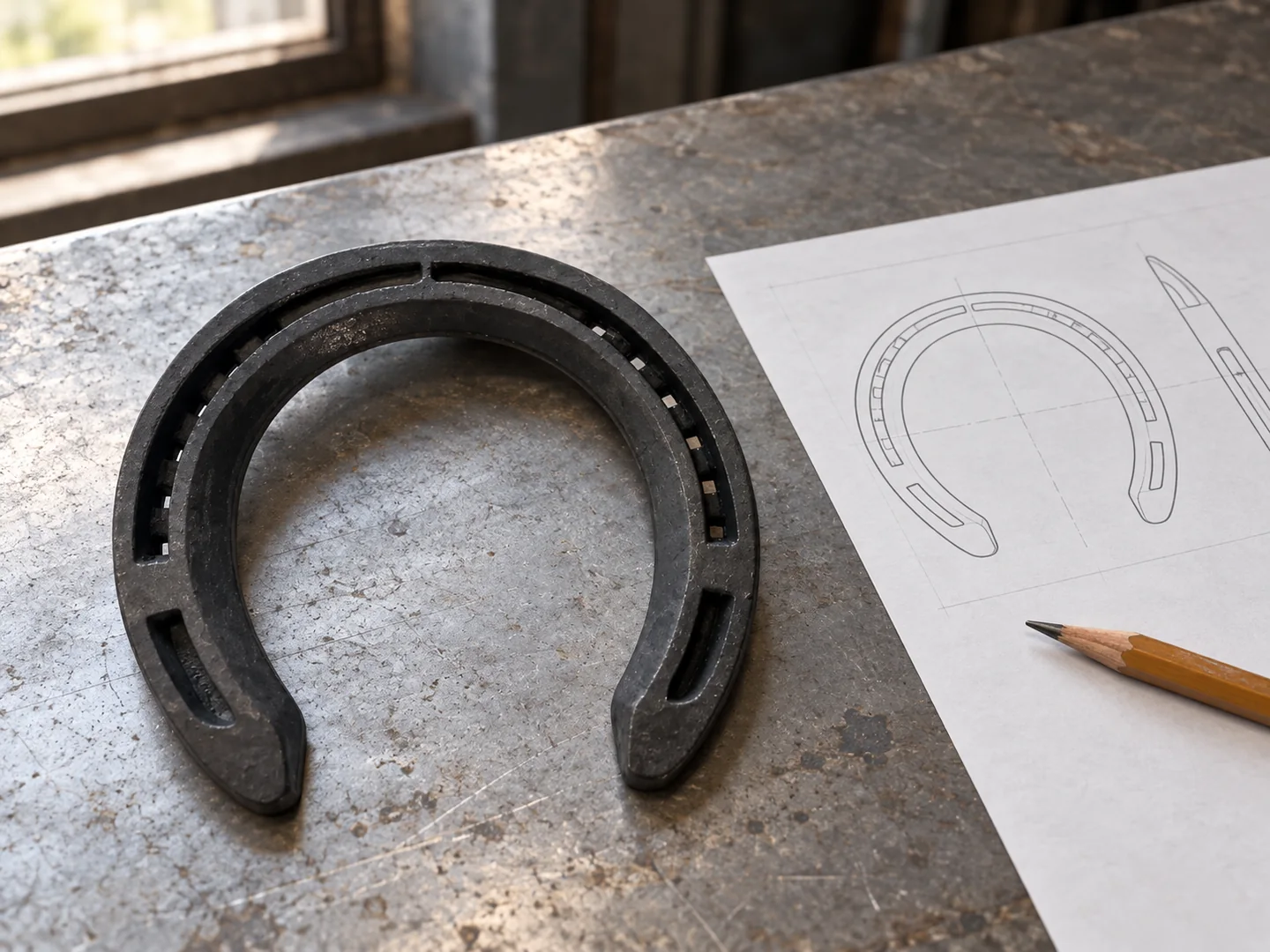 Unclipped steel horseshoe beside an outline drawing on a metal workbench