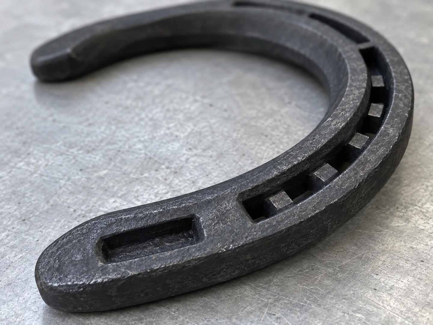 Close view of the recessed nail channel and branch of a forged steel horseshoe