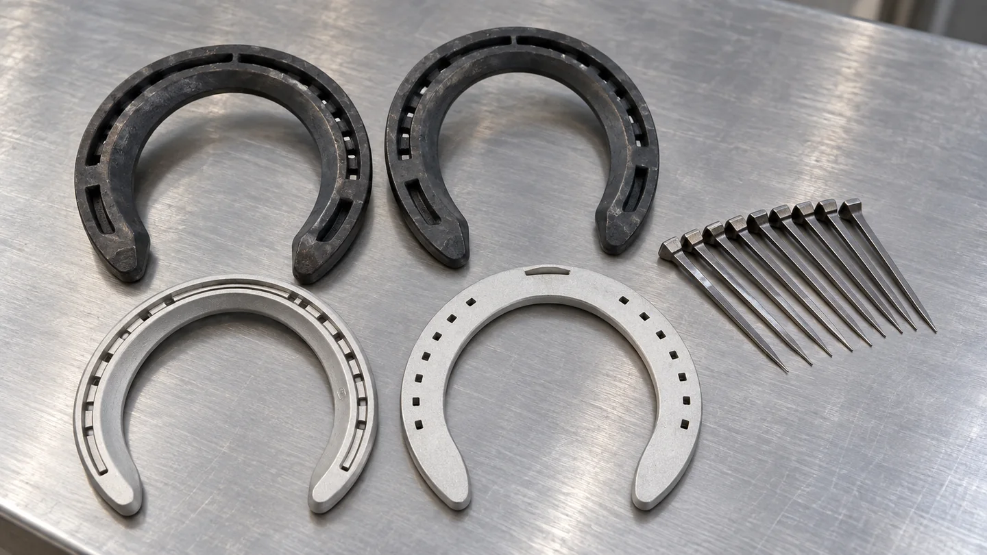 Steel and aluminum horseshoes with separate horseshoe nails arranged on a metal workbench